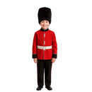 Niño con disfraz de Guardia Inglesa roja y sombrero alto negro