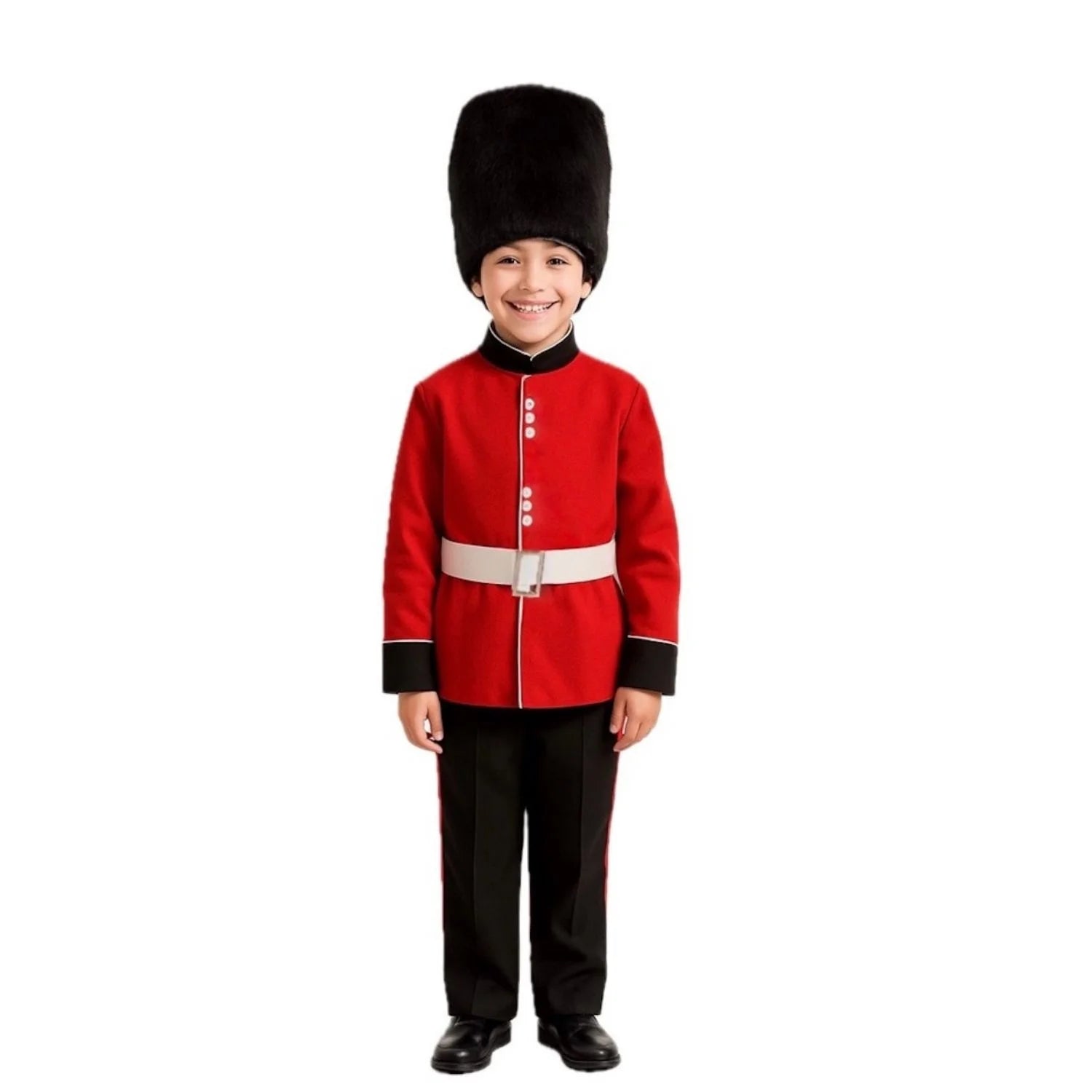 Niño con disfraz de Guardia Inglesa roja y sombrero alto negro