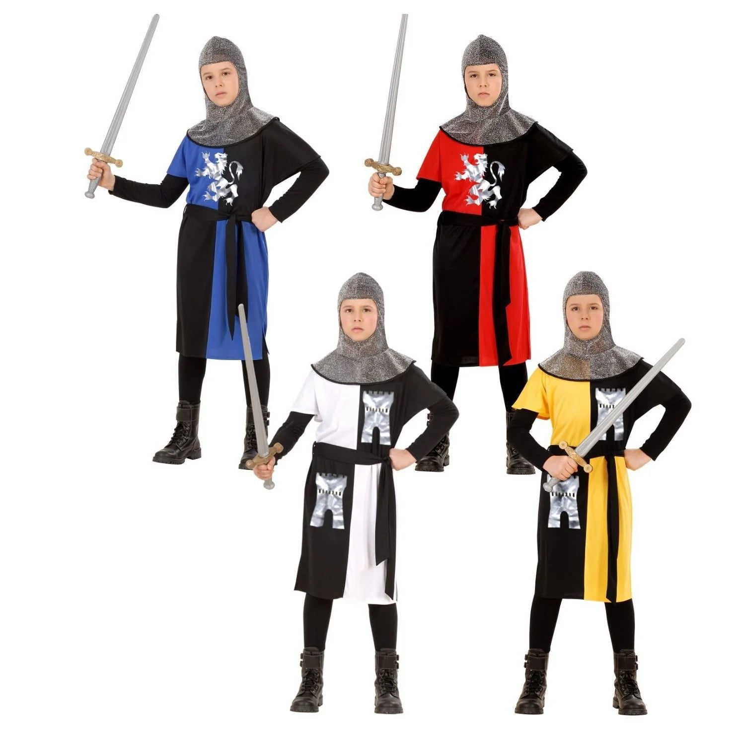 Disfraz guerrero medieval infantil disponible en azul, rojo, blanco y amarillo