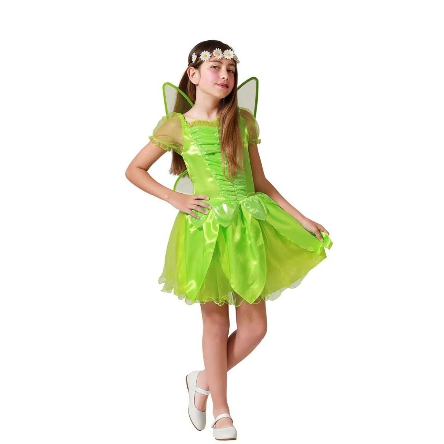 Disfraz hada verde brillante infantil con alas y vestido corto