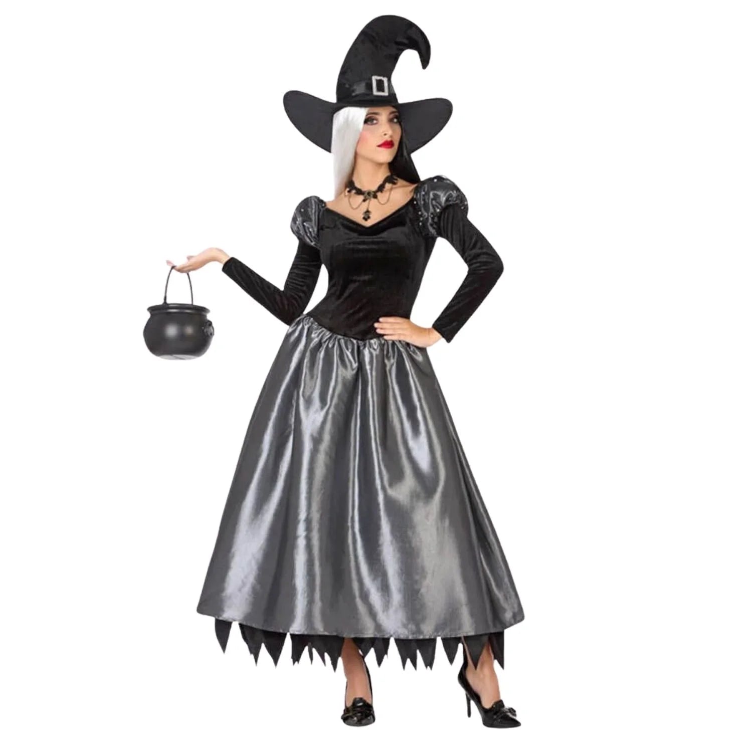 Disfraz bruja mujer con vestido y sombrero para Halloween