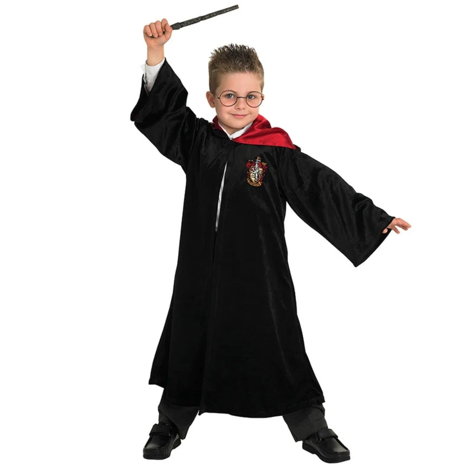 Niño con disfraz Harry Potter Deluxe de terciopelo negro y capucha roja