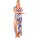 Mujer con disfraz hawaiana adulta tropical con falda larga y collar de flores
