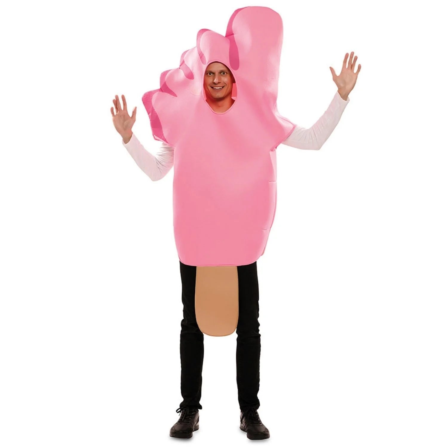 Hombre con disfraz de helado rosa gigante para Carnaval