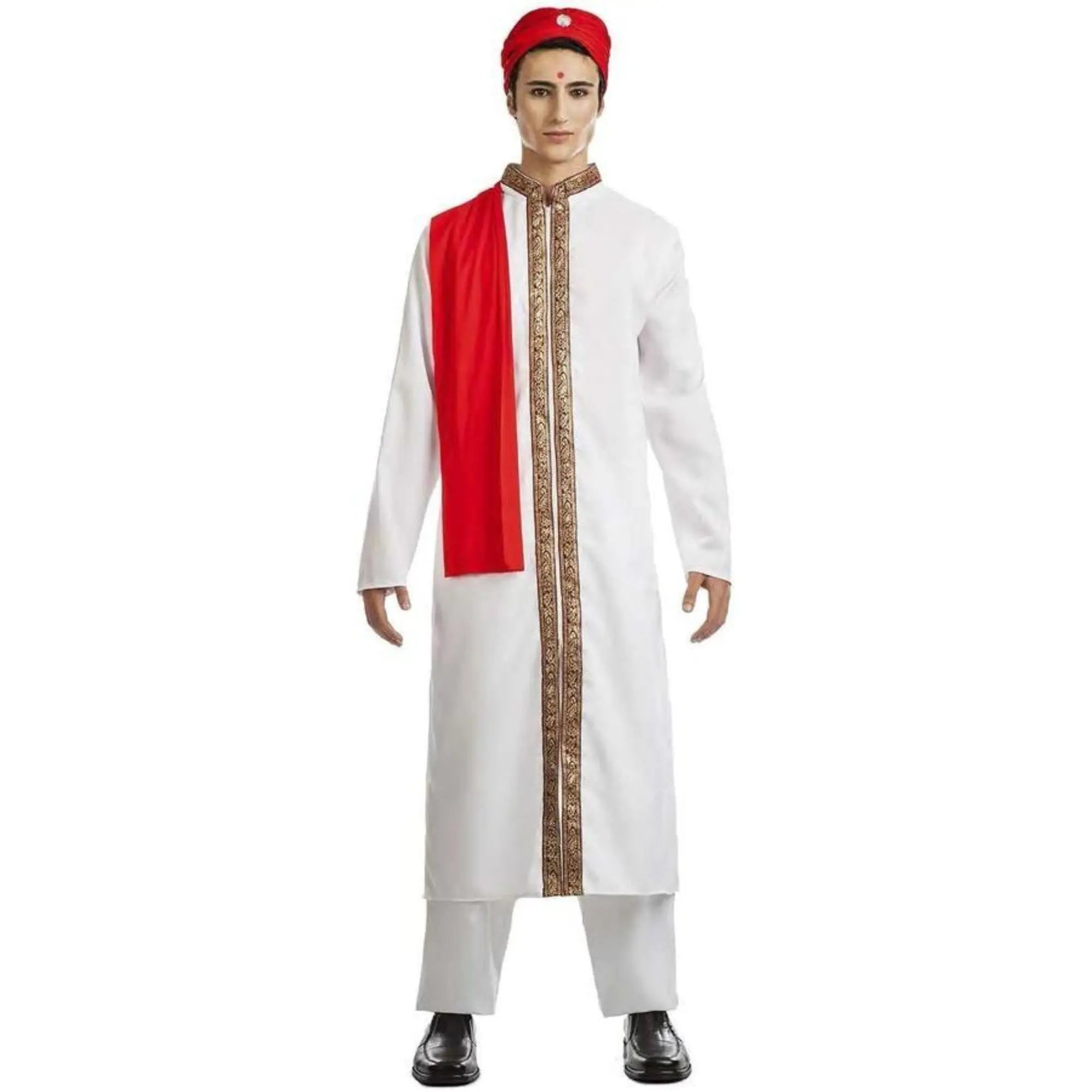 Disfraz Bollywood de hombre con chaqueta, pantalones, pañuelo y turbante en estilo cine indio colorido