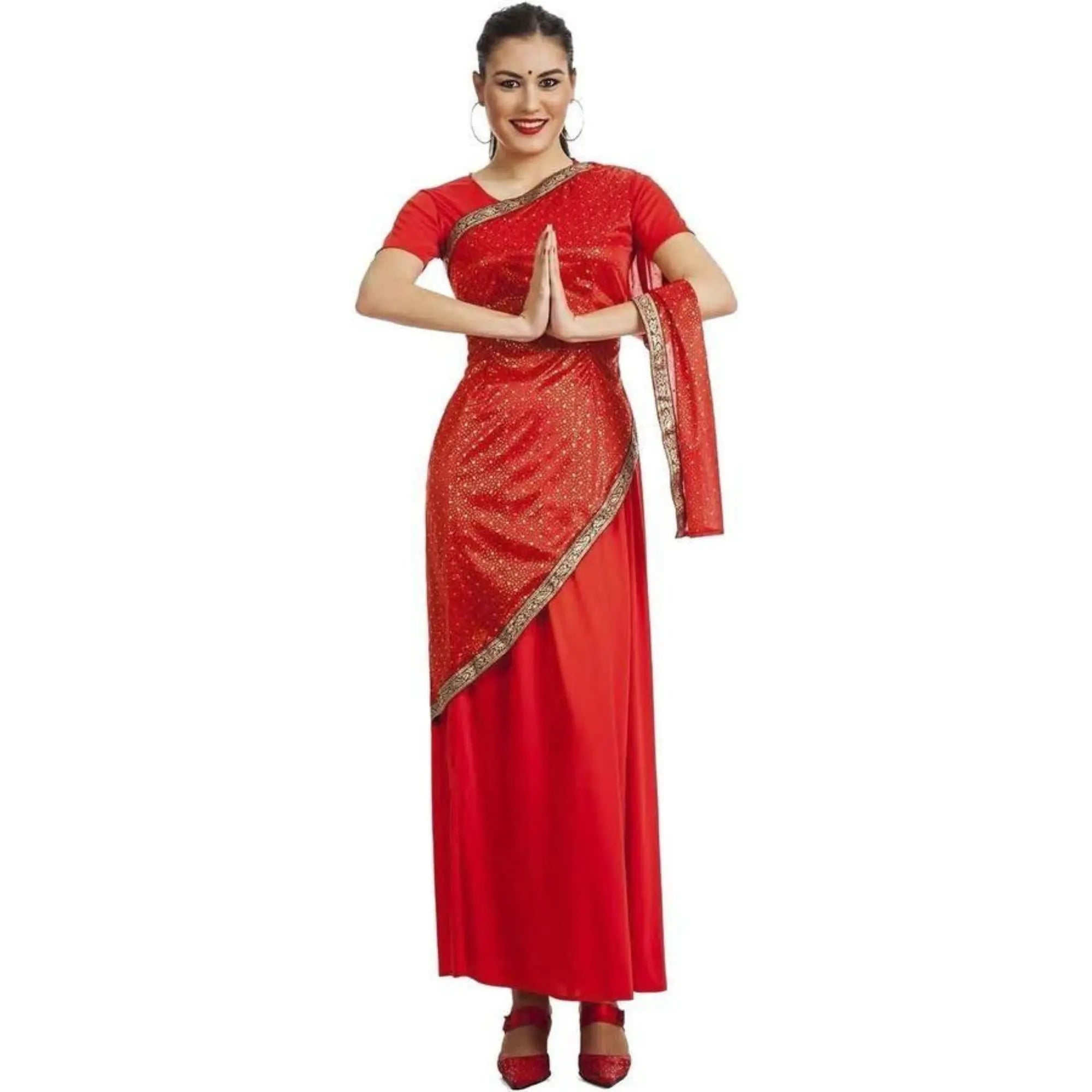Disfraz Bollywood para mujer con top, falda y sari colorido ideal para Carnaval y fiestas temáticas