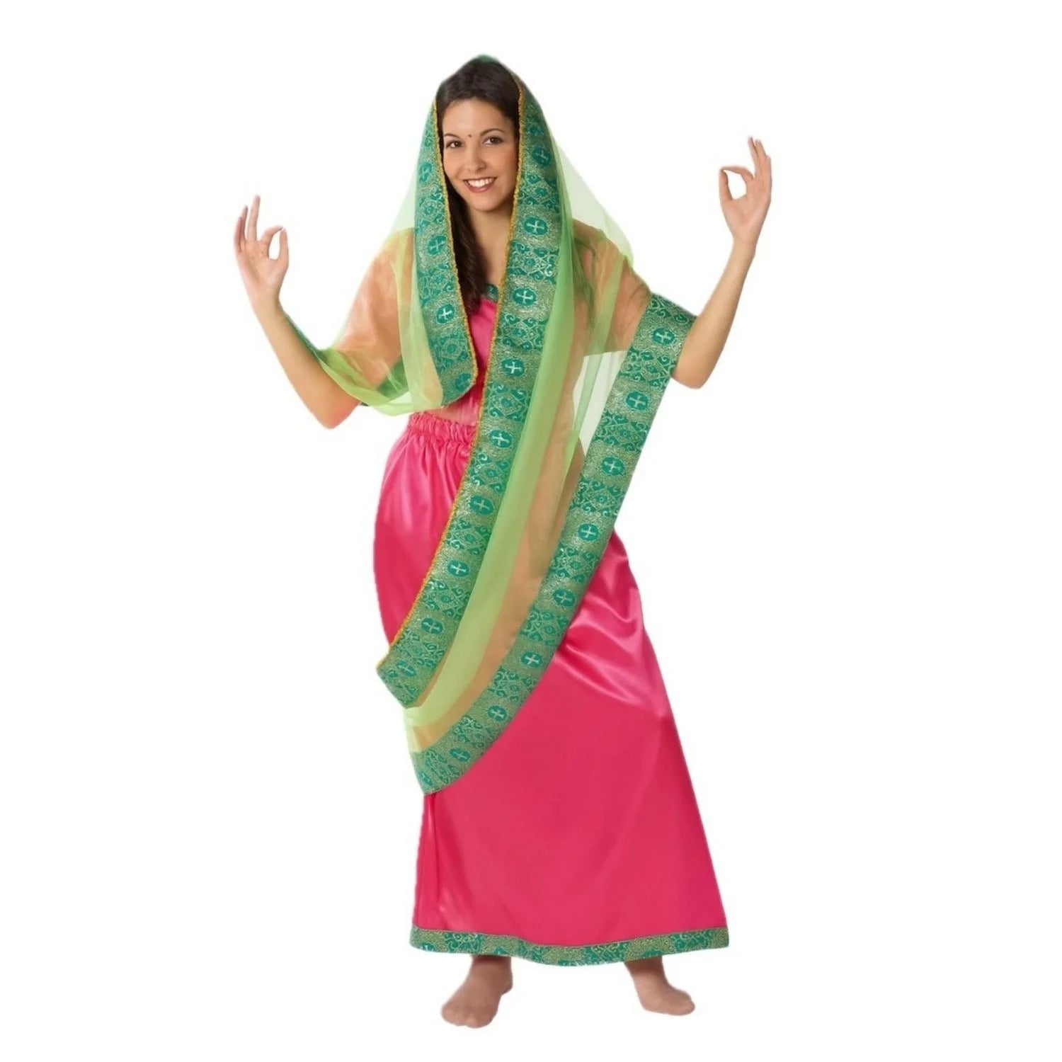 Disfraz hindú mujer en color fucsia y verde con velo oriental para Carnaval