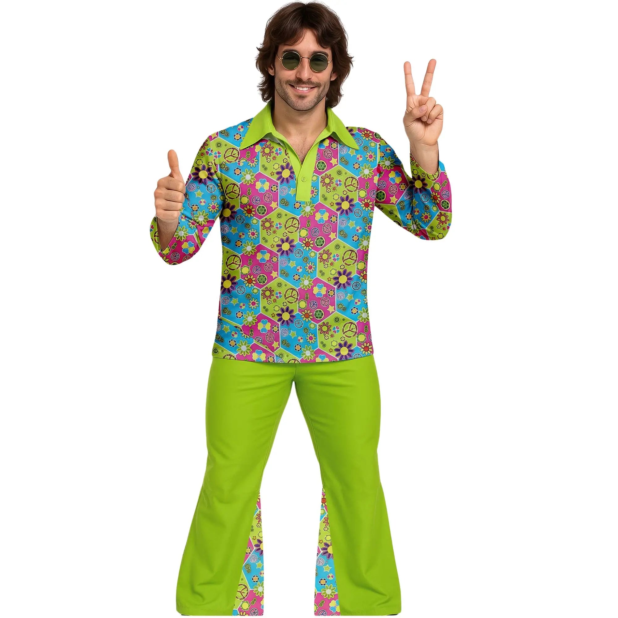 Disfraz hippie flower power para hombre con pantalón y camisa estilo años 60 para Carnaval