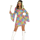 Disfraz hippie Flower Power para mujer con vestido colorido y cinta en la cabeza estilo años 60