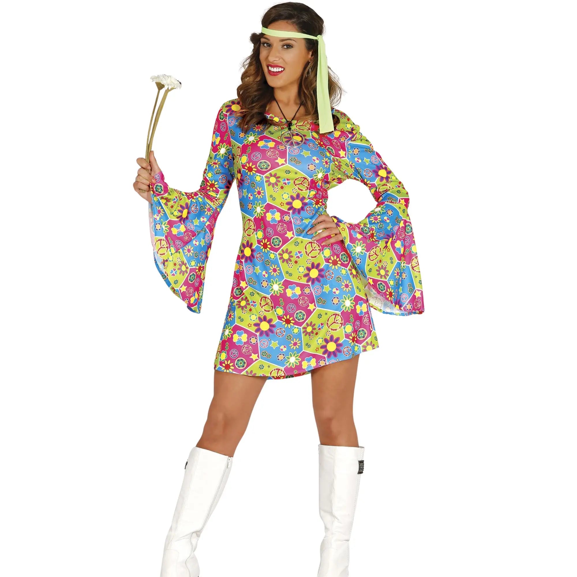 Disfraz hippie Flower Power para mujer con vestido colorido y cinta en la cabeza estilo años 60