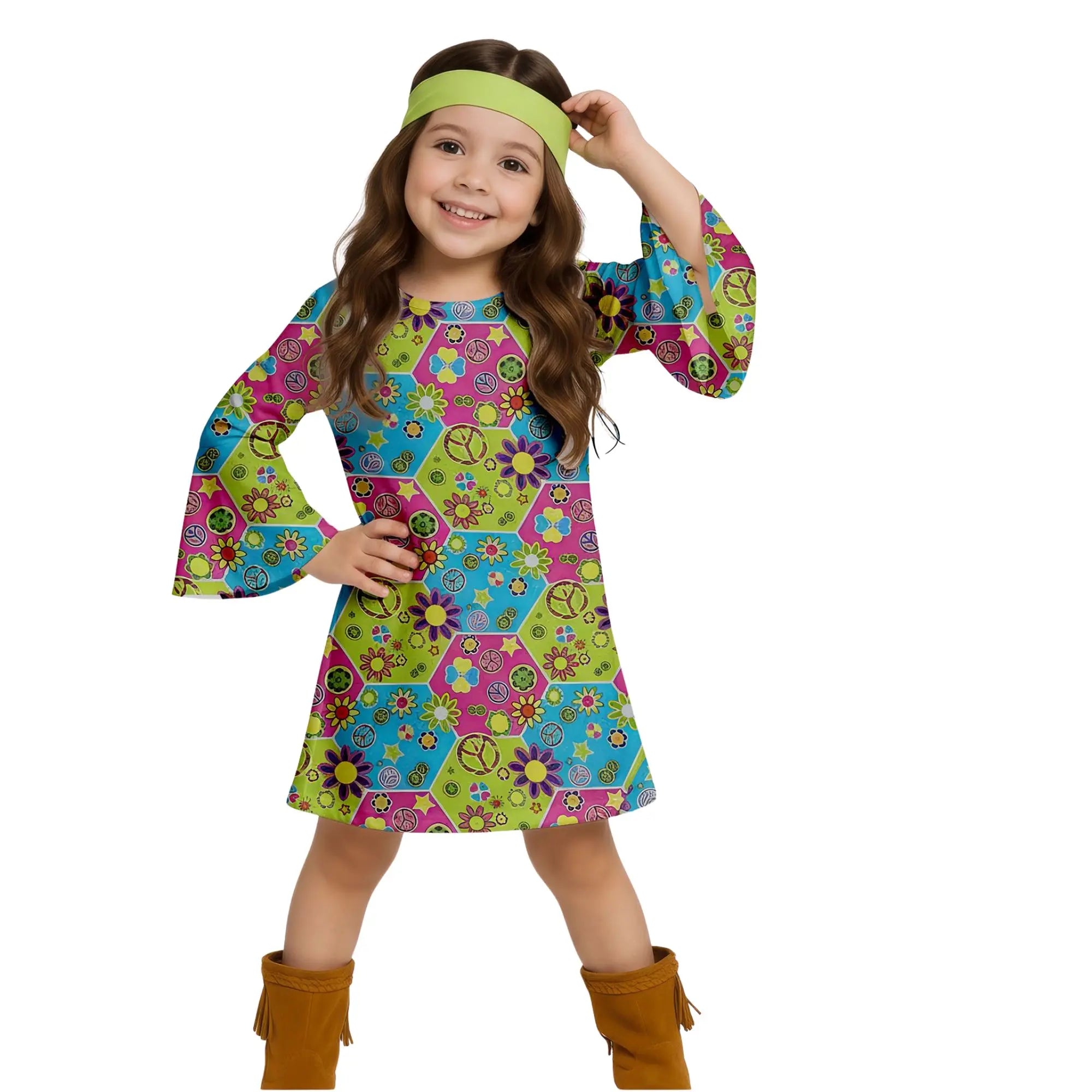 Disfraz hippie para niña con vestido flower power y cinta de cabeza estilo años 60 para Carnaval