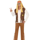 Disfraz hippie de hombre con chaleco, camisa, pantalón y cinta de cabeza para Carnaval