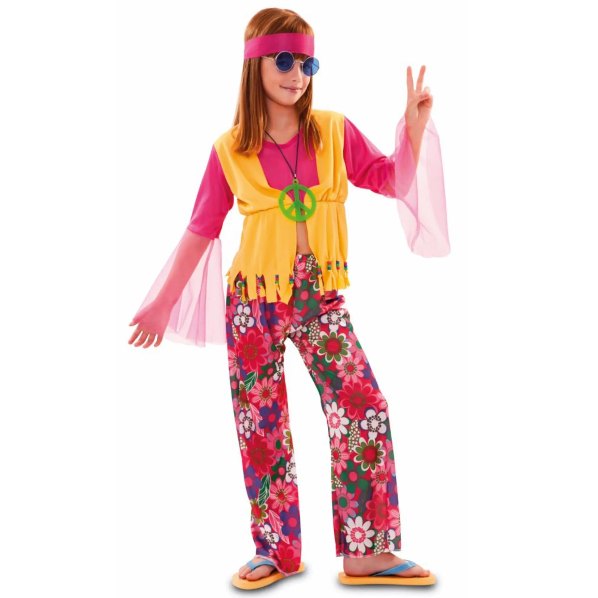 Disfraz hippie para niña con blusa, pantalón y vincha estilo años 60