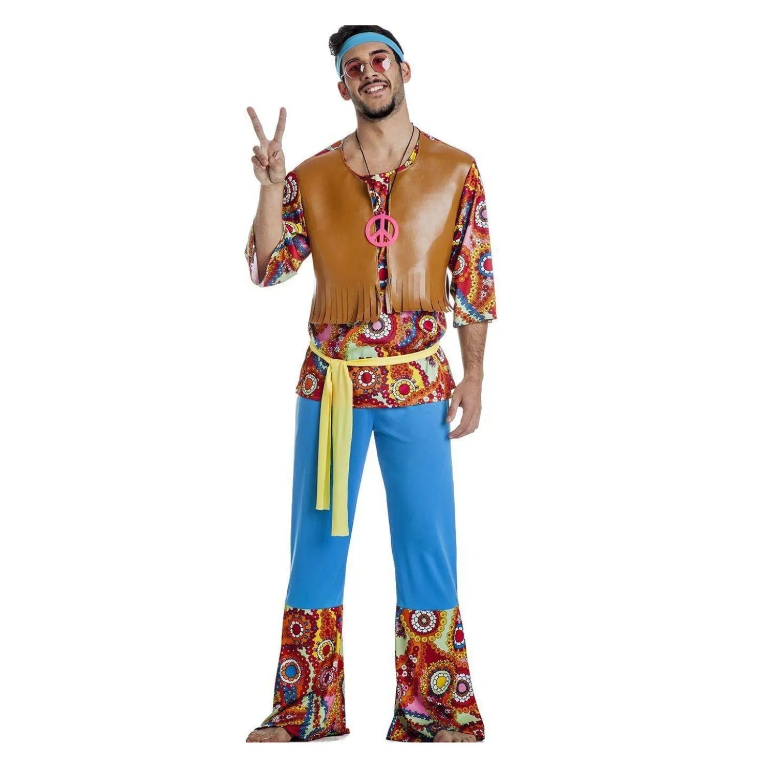 Disfraz de hippie para hombre con camisa, pantalón y cinta en la cabeza estilo años 60