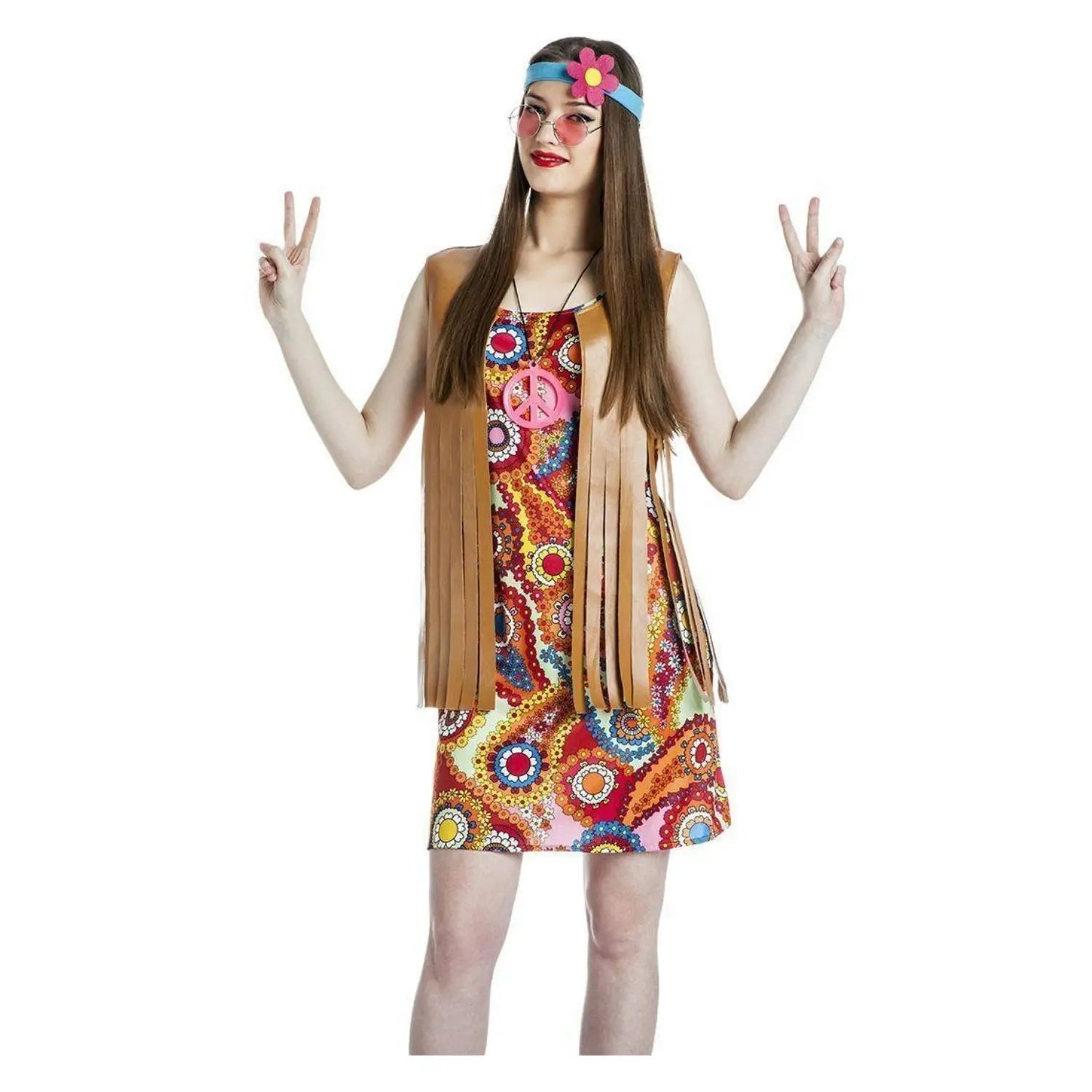 Disfraz de hippie para mujer con vestido y cinta de la cabeza estilo años 60