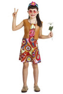 Disfraz de hippie para niña con vestido y cinta en la cabeza colorido para Carnaval