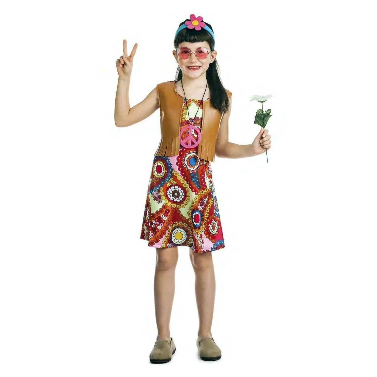 Disfraz de hippie para niña con vestido y cinta en la cabeza colorido para Carnaval