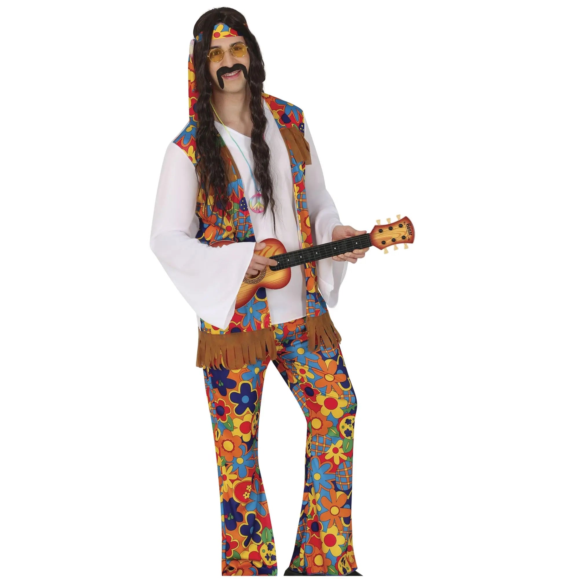 Disfraz hippie hombre flower power con camiseta efecto chaleco y pantalón floral llamativo con diadema