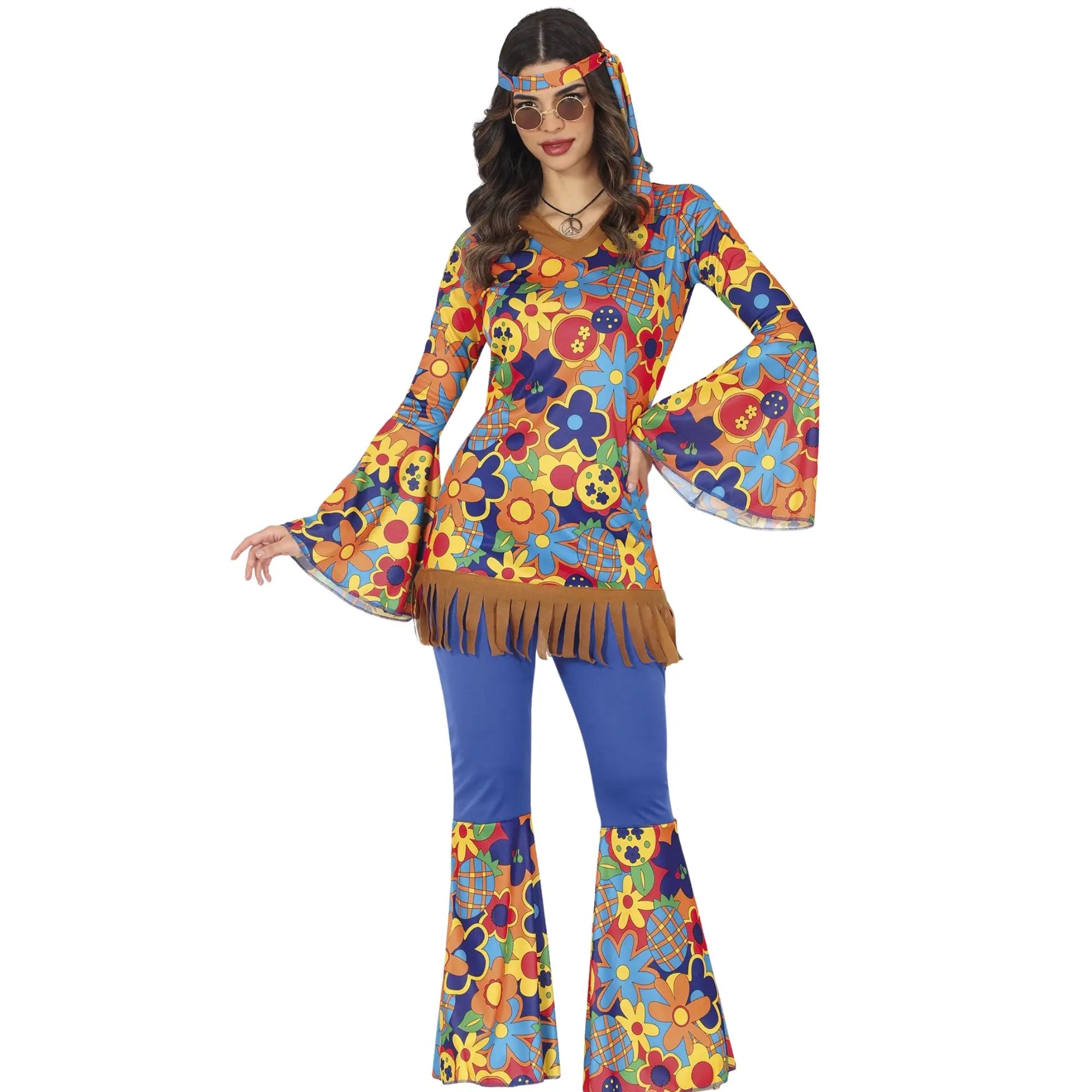 Disfraz hippie mujer flower power con camiseta y pantalón floral acampanado y diadema