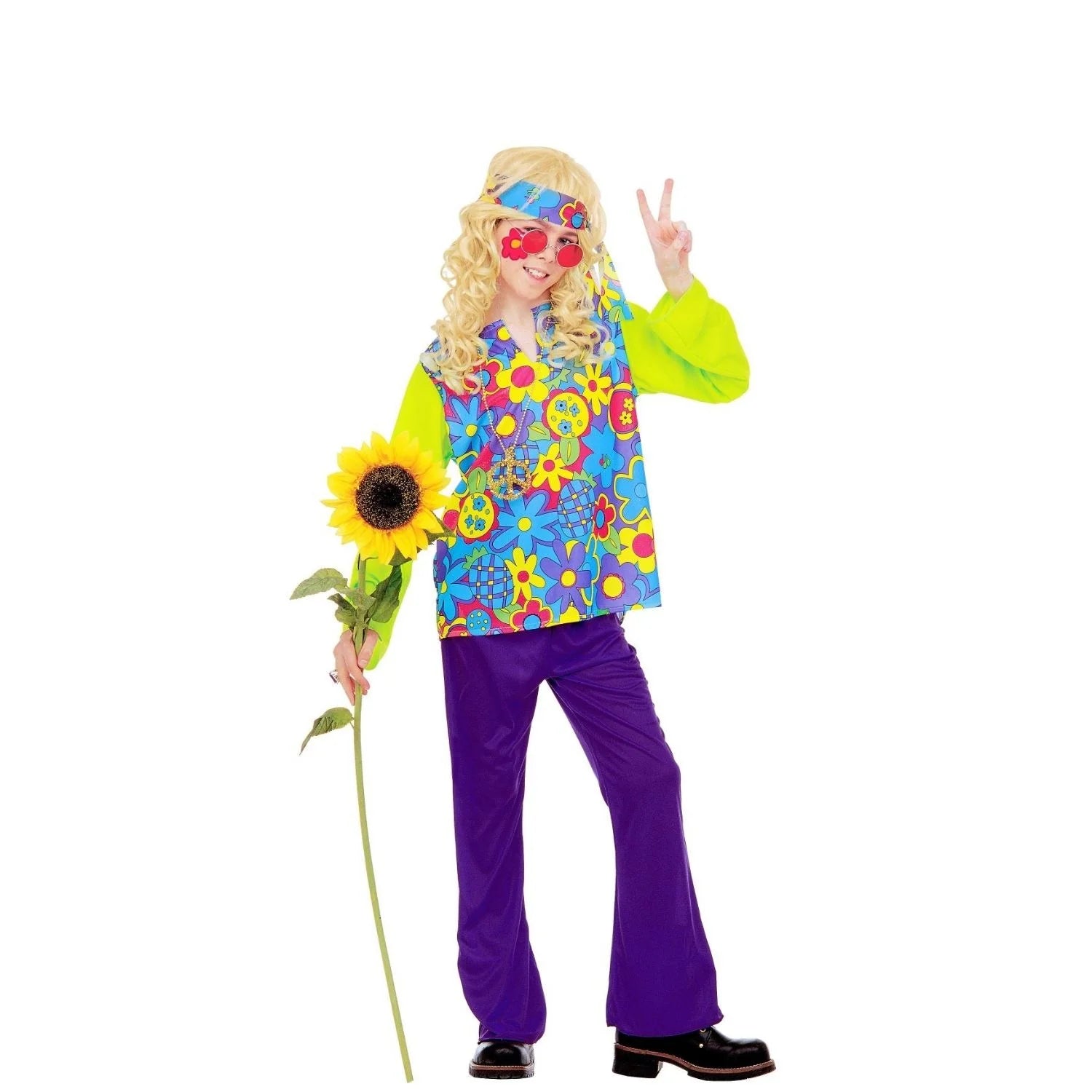 Niño con disfraz Hippie Flores Infantil de colores y pantalón morado