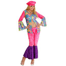 Disfraz Hippie Flores para mujer con pantalón rosa y camisa estampada retro