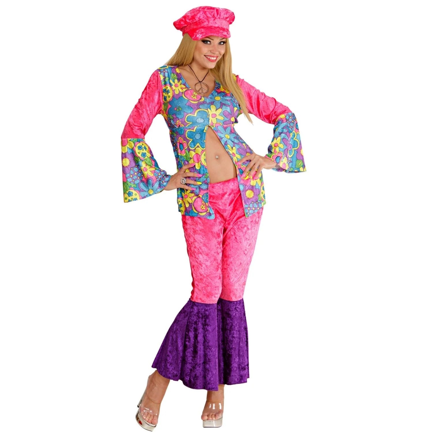 Disfraz Hippie Flores para mujer con pantalón rosa y camisa estampada retro