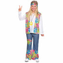 Disfraz hippie para niña con camisa, pantalón, vincha y collar estilo años 60