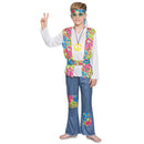Disfraz hippie para niño con camisa, pantalón, vincha, collar y cinturón estilo años 60