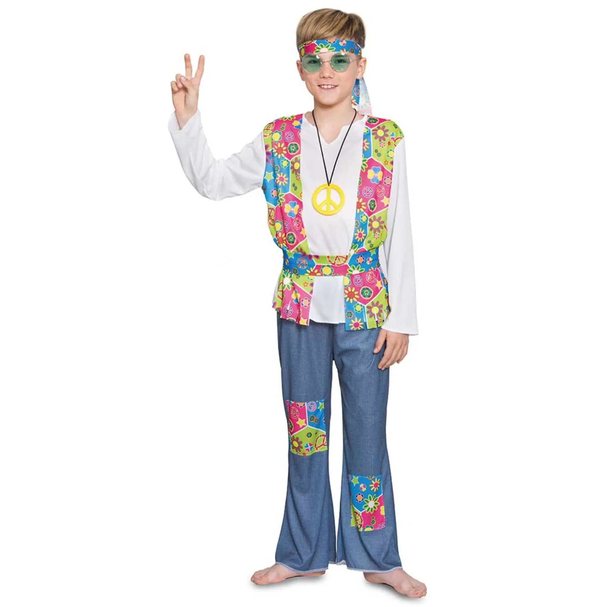 Disfraz hippie para niño con camisa, pantalón, vincha, collar y cinturón estilo años 60