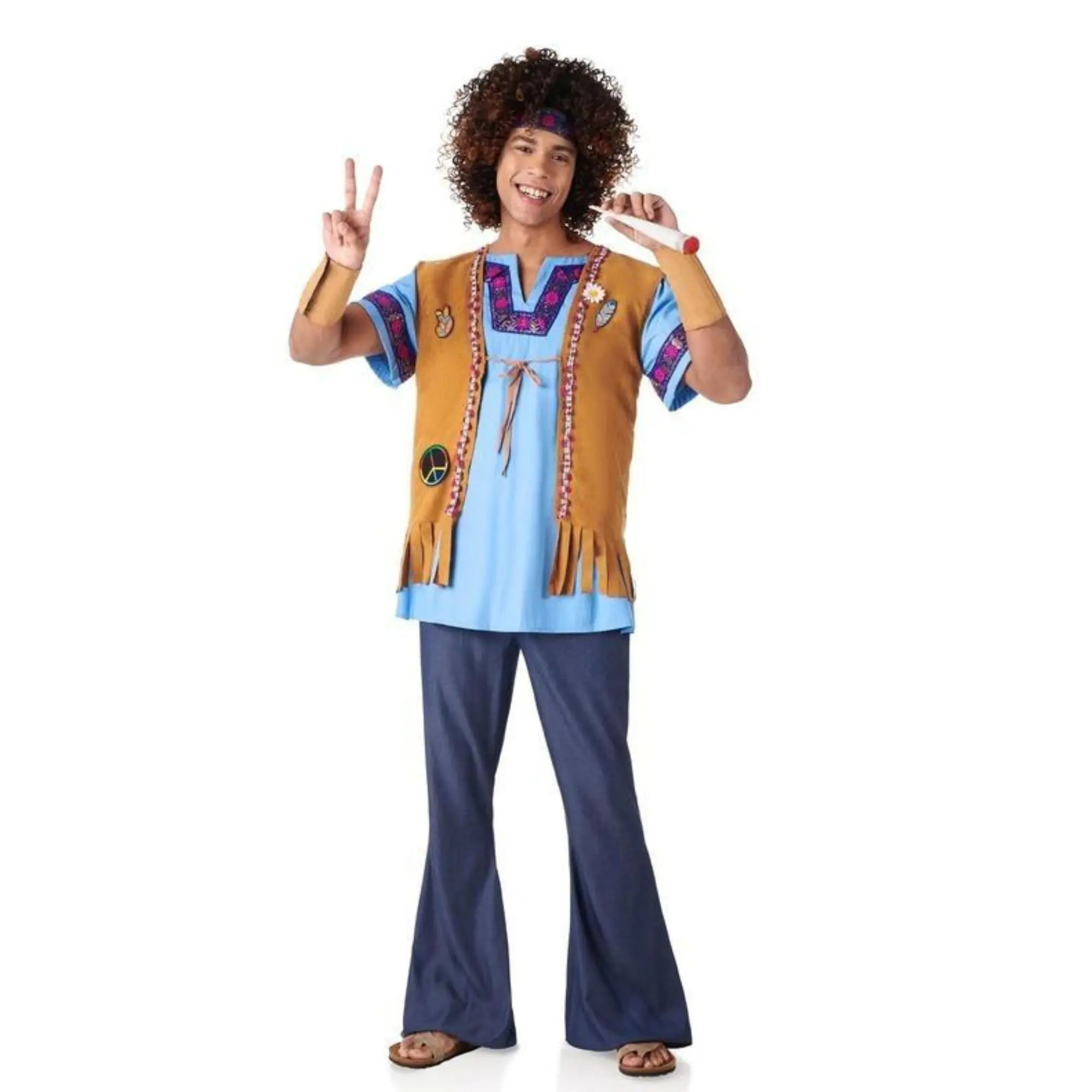 Disfraz hippie hombre estilo jeans con chaleco, camisa y accesorios años 60 para Carnaval