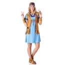 Disfraz hippie jeans mujer con vestido vaquero, chaleco y cinta de cabeza estilo años 70 para Carnaval