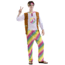 Disfraz hippie arcoíris para hombre con camiseta, pantalón y vincha estilo años 60