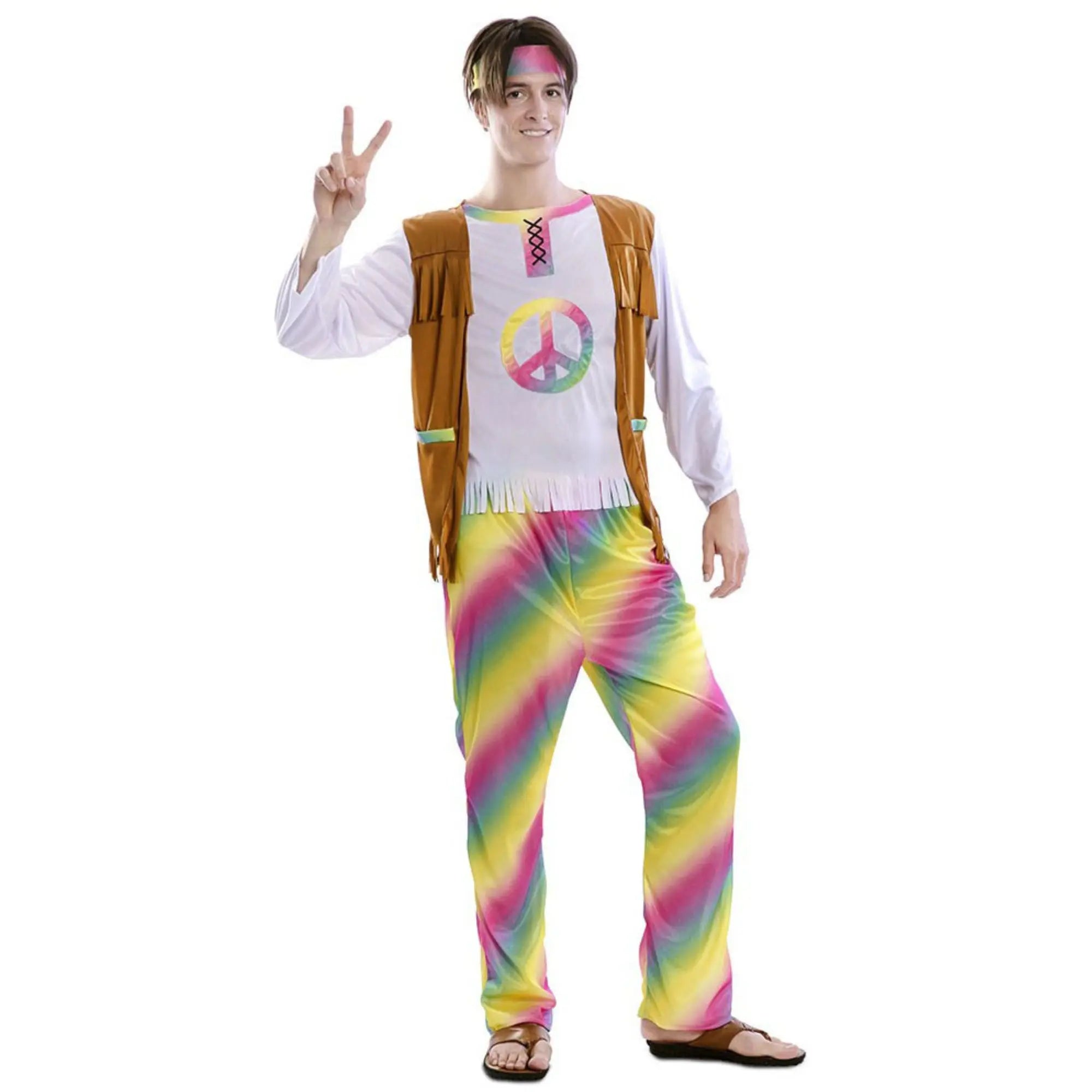 Disfraz hippie arcoíris para hombre con camiseta, pantalón y vincha estilo años 60