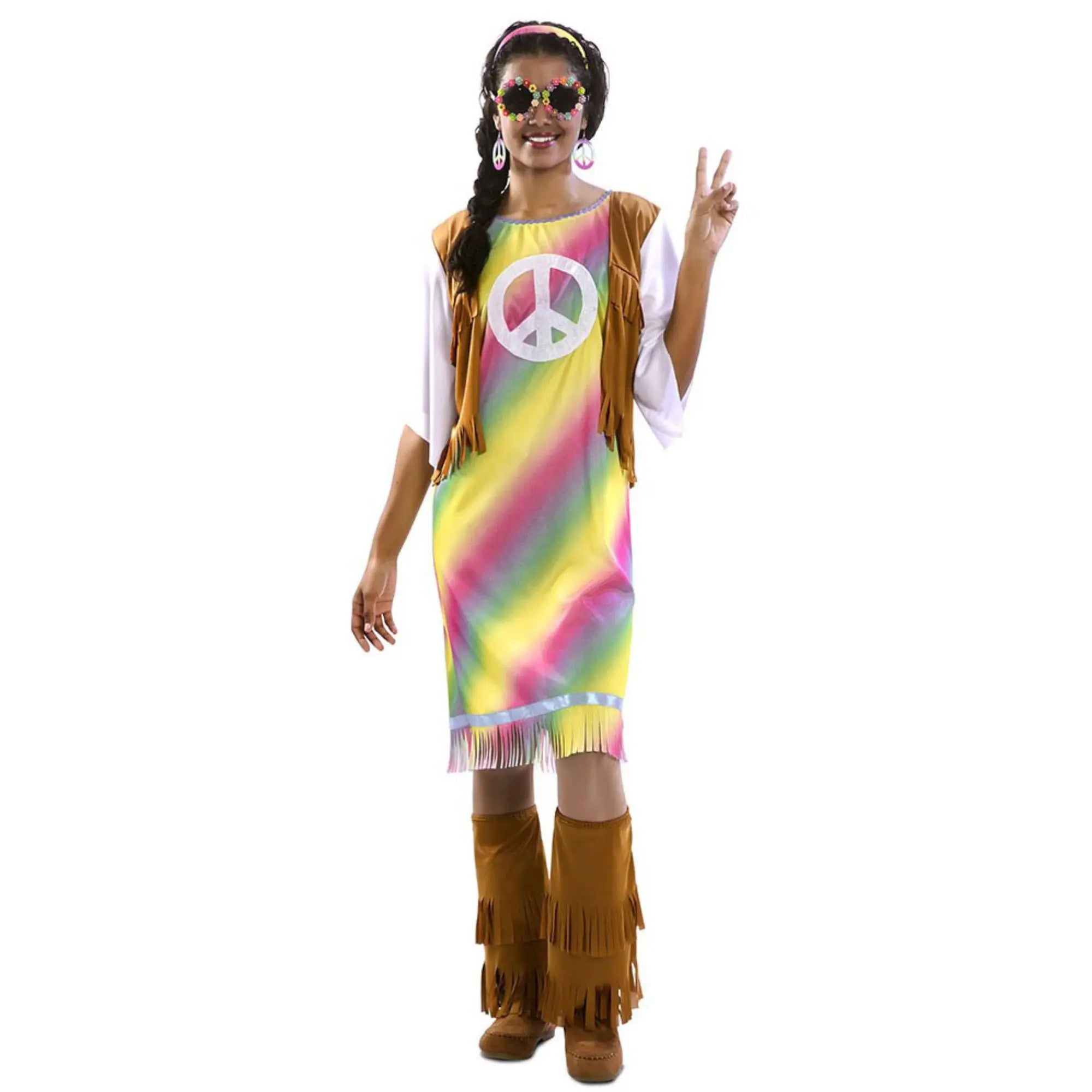 Disfraz hippie arcoíris para mujer con vestido, diadema y calentadores estilo años 60