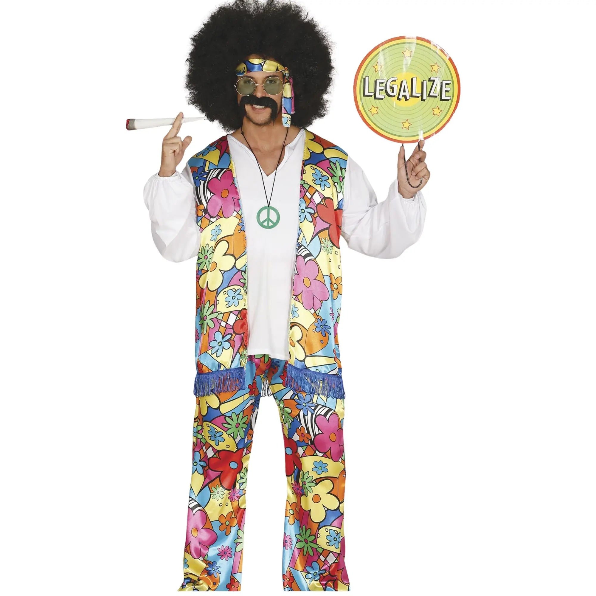 Disfraz hippie arcoíris para adulto con chaleco colorido, pantalón, camisa y cinta de cabeza estilo años 60 retro