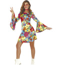 Disfraz hippie para mujer con vestido retro de colores rainbow ideal para Carnaval y fiestas temáticas