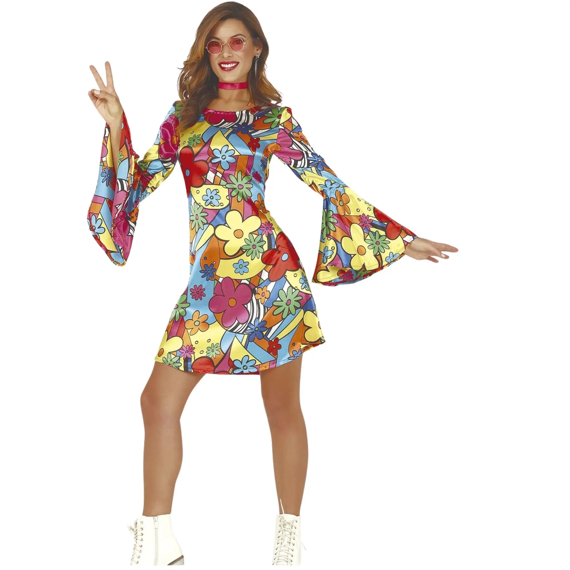 Disfraz hippie para mujer con vestido retro de colores rainbow ideal para Carnaval y fiestas temáticas