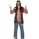 Disfraz hippie adulto años 60 con chaleco, pantalón, camiseta y cinta en la cabeza estilo retro