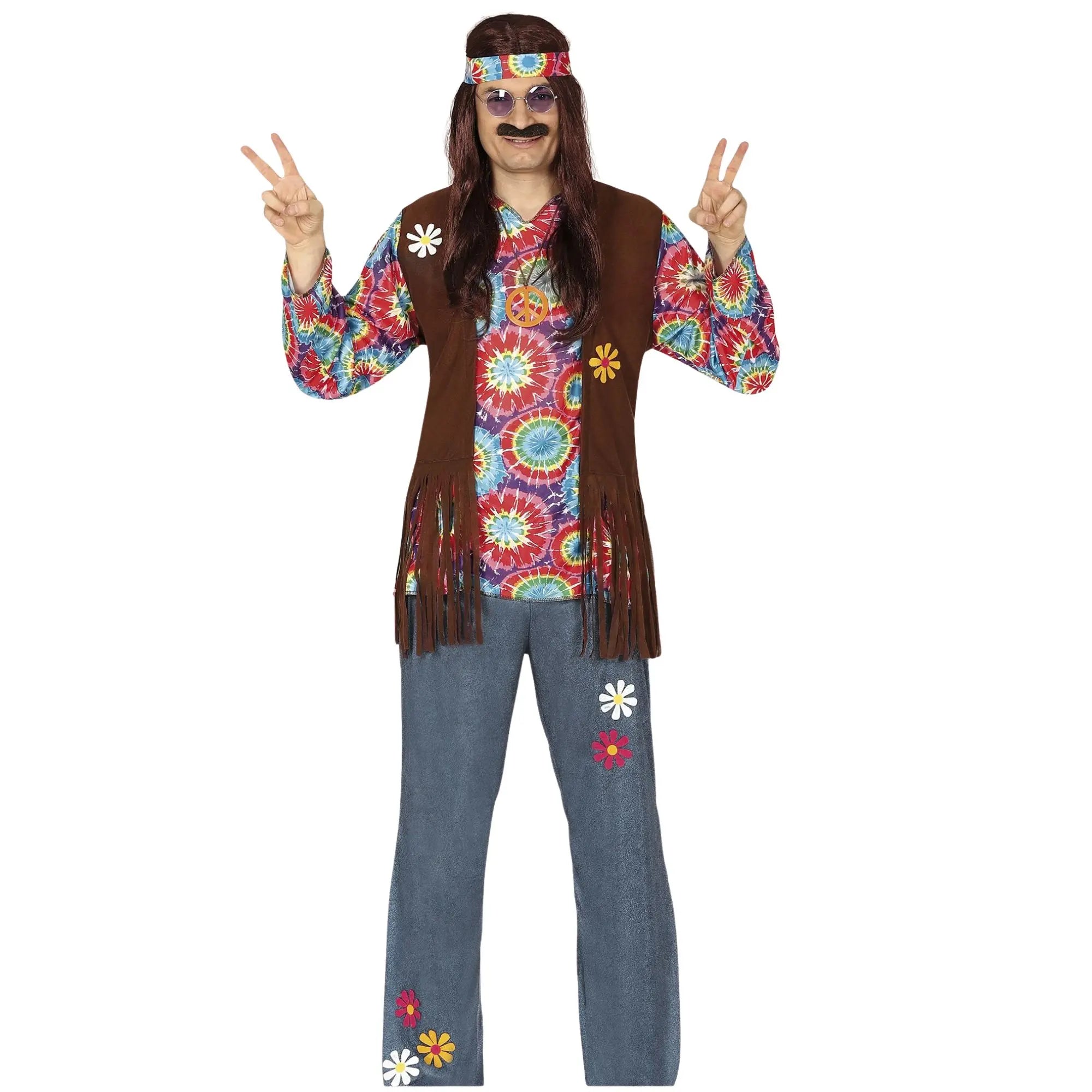 Disfraz hippie adulto años 60 con chaleco, pantalón, camiseta y cinta en la cabeza estilo retro