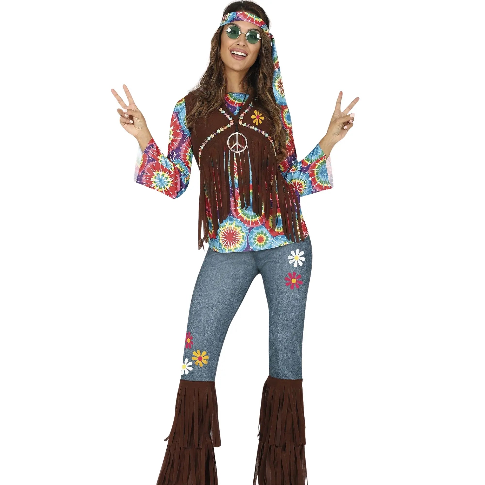 Disfraz de hippie para mujer adulta con chaleco, pantalón, camiseta y cinta de cabeza estilo años 60 70 flower power