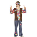 Disfraz de hippie infantil para niño con chaleco, pantalón y cinta de estilo años 60 flower power