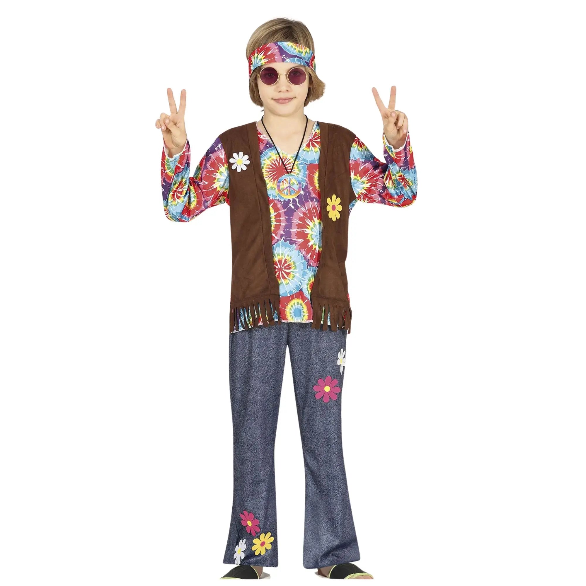 Disfraz de hippie infantil para niño con chaleco, pantalón y cinta de estilo años 60 flower power