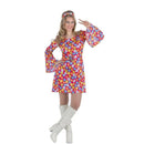 Disfraz hippie mujer años 70 con vestido de flores y diadema