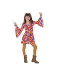 Disfraz hippie de los años 70 para niña con vestido de flores y diadema