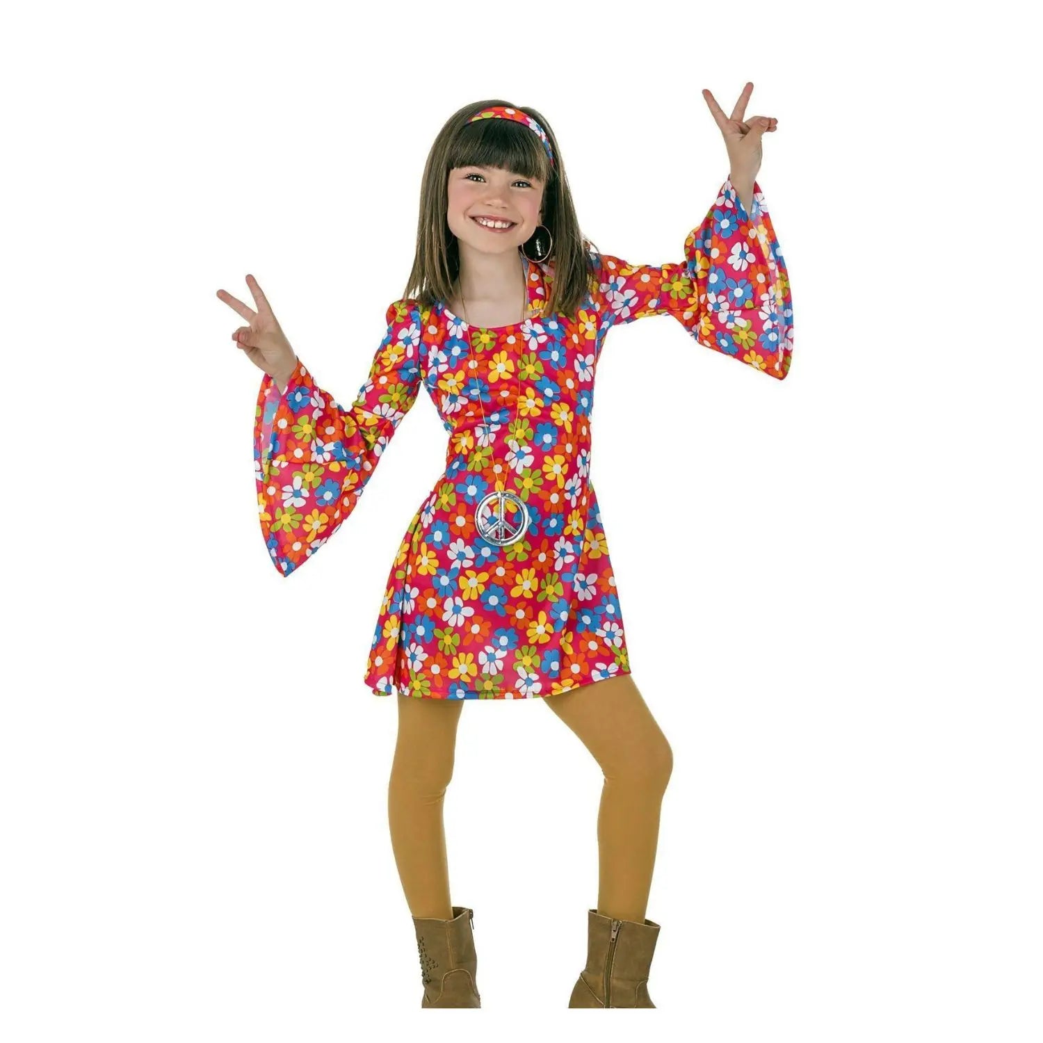 Disfraz hippie de los años 70 para niña con vestido de flores y diadema