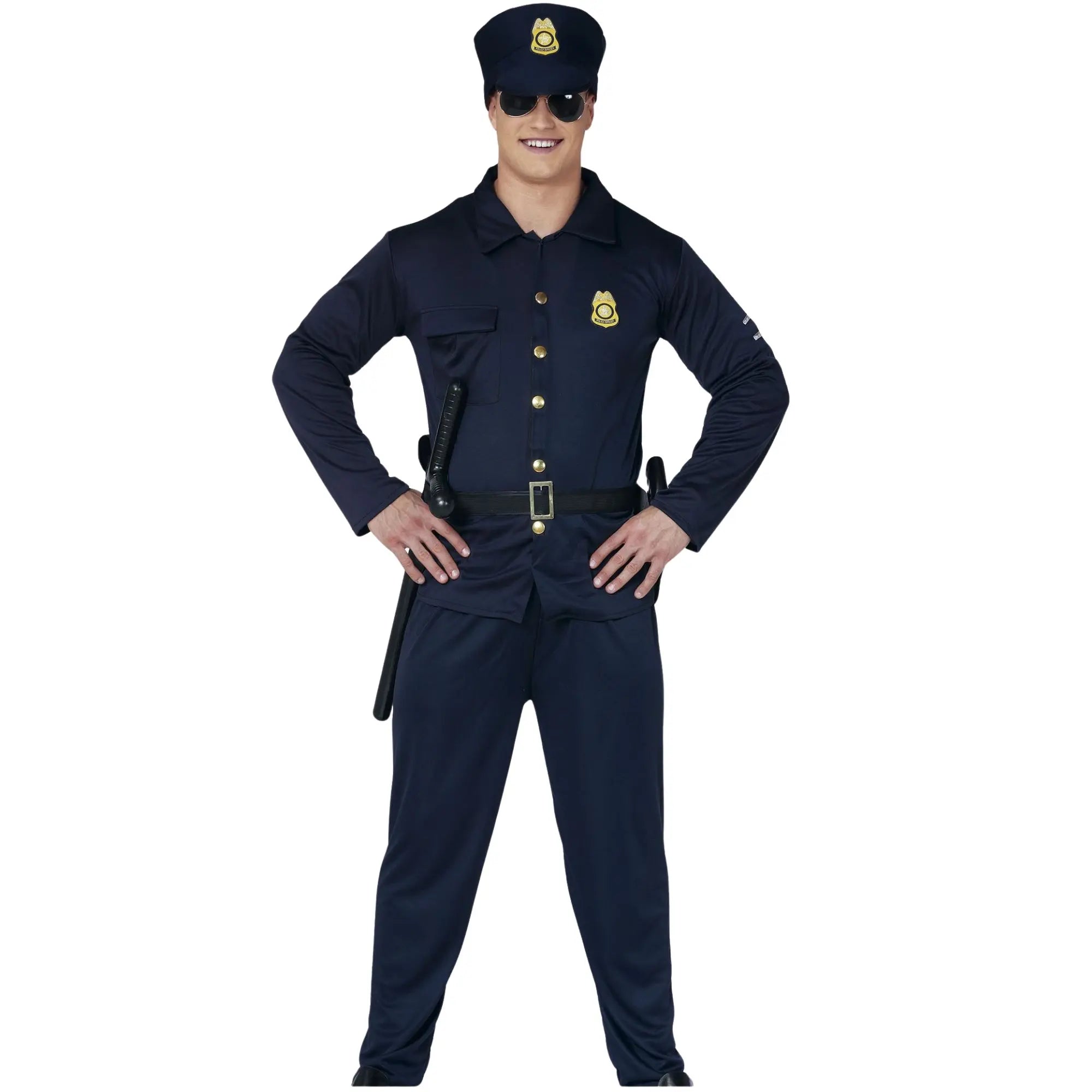 Disfraz de agente de policía para hombre con camisa, pantalón, cinturón y gorra para Carnaval