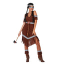 Disfraz de india adulta marrón con vestido de flecos, ideal para Carnaval, fiestas temáticas del Oeste y eventos de vaqueros e indios.