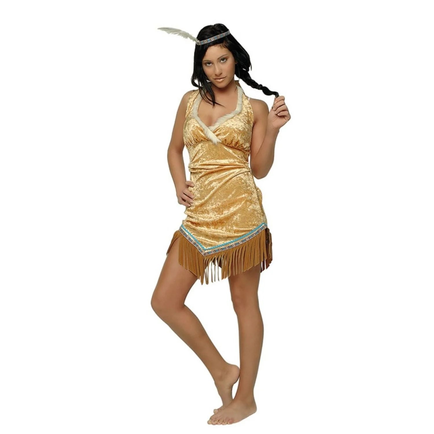 Disfraz india apache sexy mujer con vestido beige y tocado con pluma
