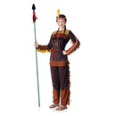 Disfraz de India Arapahoe para adulta en tonos marrones, decorado con flecos y detalles de estilo tribal, ideal para Carnaval y fiestas temáticas.
