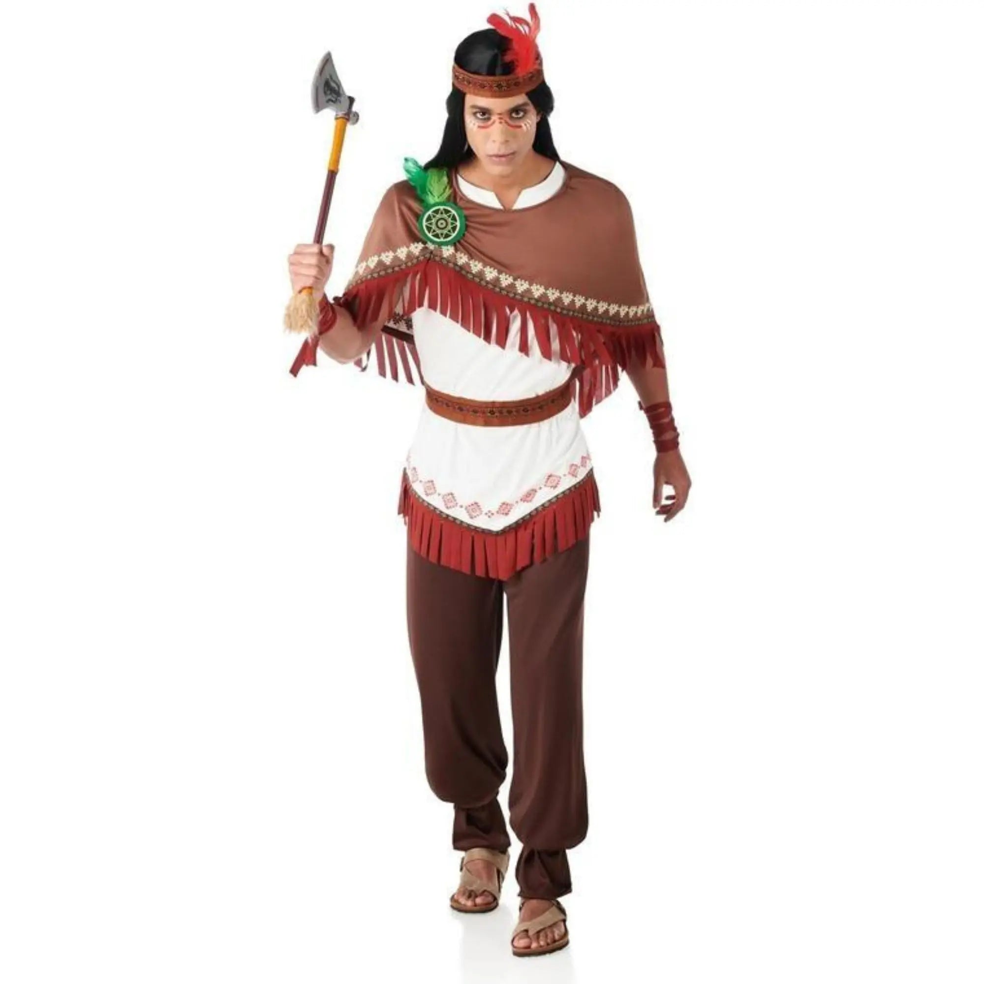 Disfraz de indio nube blanca adulto con chaleco, capa con flecos, pantalón y diadema con plumas para Carnaval